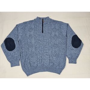 Norm Thompson Sweater Mens Large Pullover Elbow Patch  Blue 1/4 Zip Wool‎ Blend
